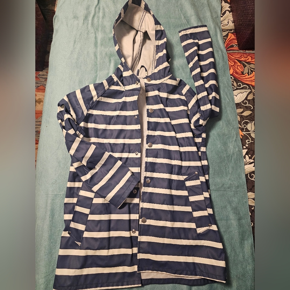 Striped Blue and White Rain Coat By Primary